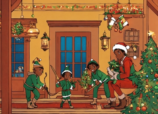 Christmas Tree, Green, Window, Cartoon, Building, Art