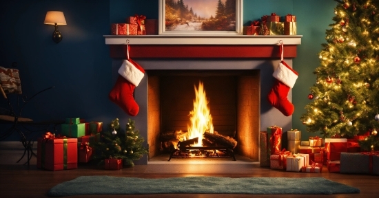 Christmas Tree, Hearth, Wood, Interior Design, Living Room, Fire