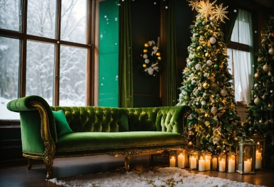 Christmas Tree, Light, Couch, Window, Wood, Interior Design