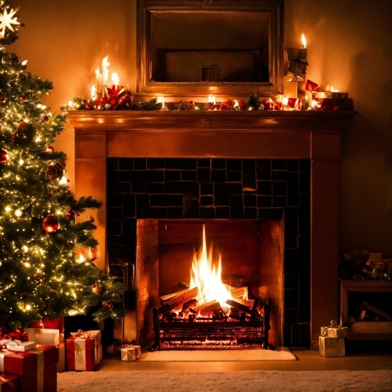Christmas Tree, Light, Lighting, Hearth, Wood, Heat