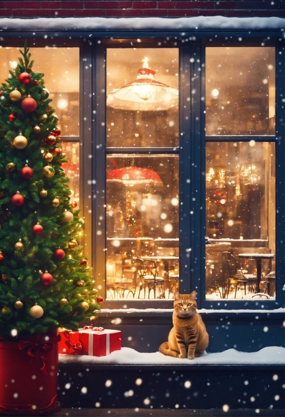 Christmas Tree, Light, Window, Cat, Christmas Ornament, Felidae