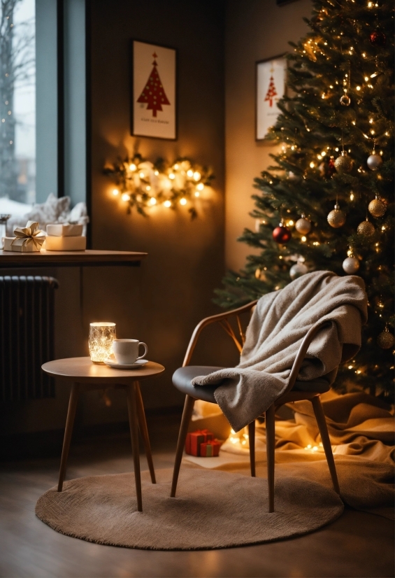 Christmas Tree, Light, Wood, Christmas Ornament, Interior Design, Living Room