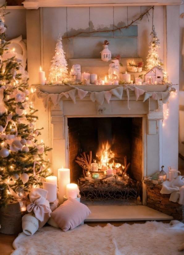 Christmas Tree, Light, Wood, Hearth, Interior Design, Fire