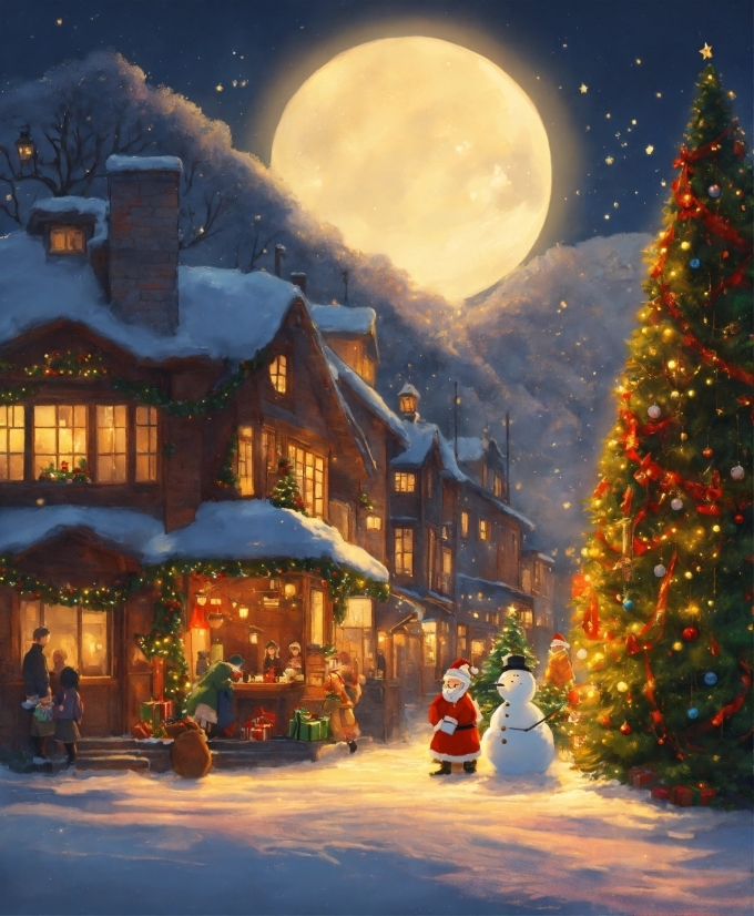 Christmas Tree, Moon, Sky, Snow, World, Light
