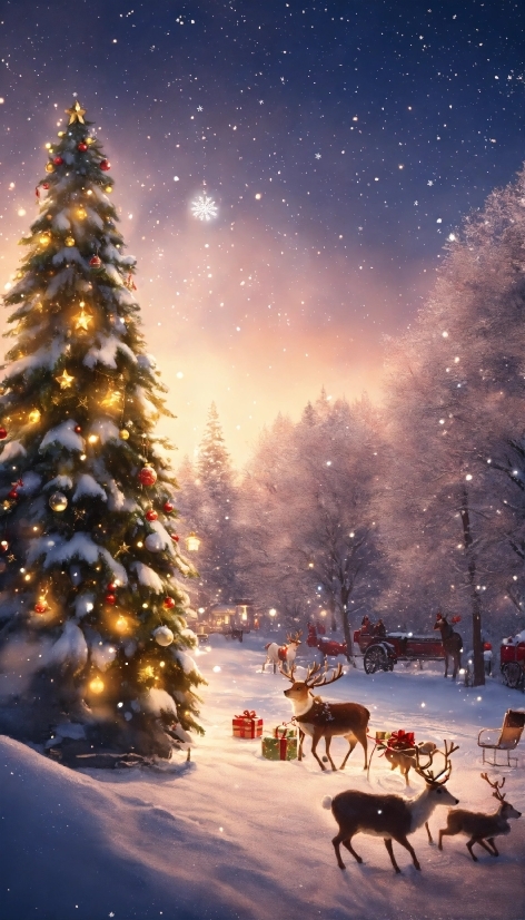 Christmas Tree, Photograph, Snow, Sky, Plant, Light