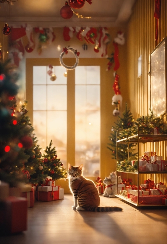Christmas Tree, Plant, Cat, Window, Christmas Ornament, Light