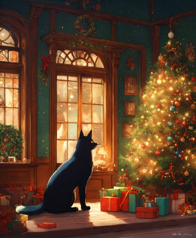Christmas Tree, Plant, Cat, Window, Light, Green