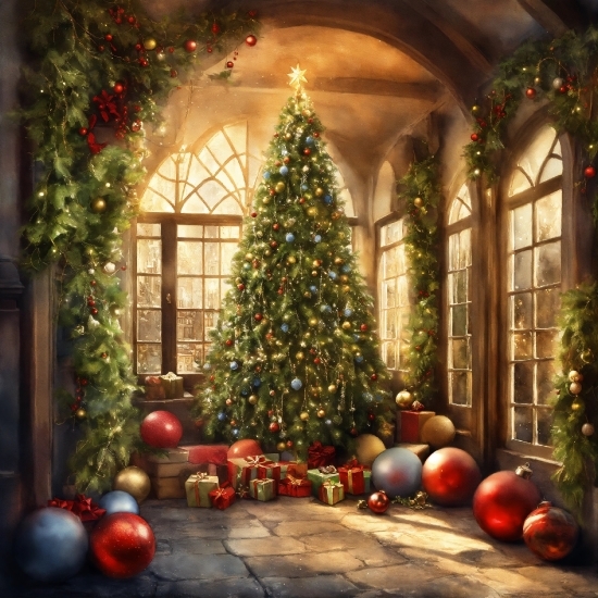 Christmas Tree, Plant, Property, Christmas Ornament, Window, Light