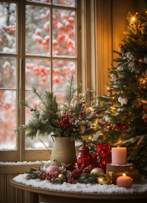 Christmas Tree, Plant, Property, Christmas Ornament, Window, White