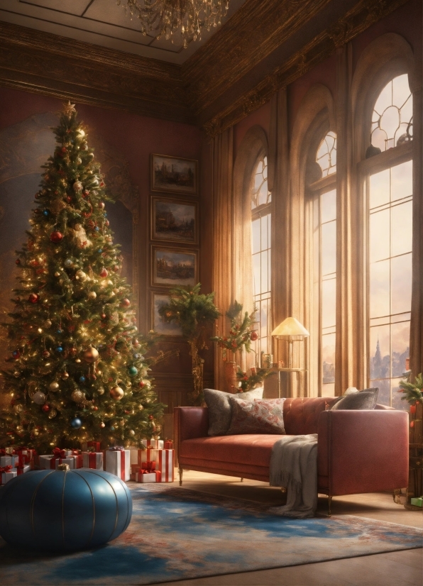 Christmas Tree, Plant, Property, Furniture, Building, Light