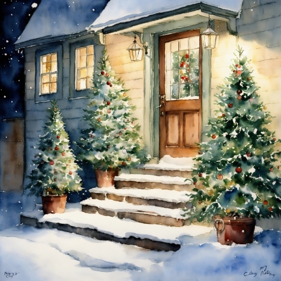 Christmas Tree, Plant, Property, Window, Snow, Building