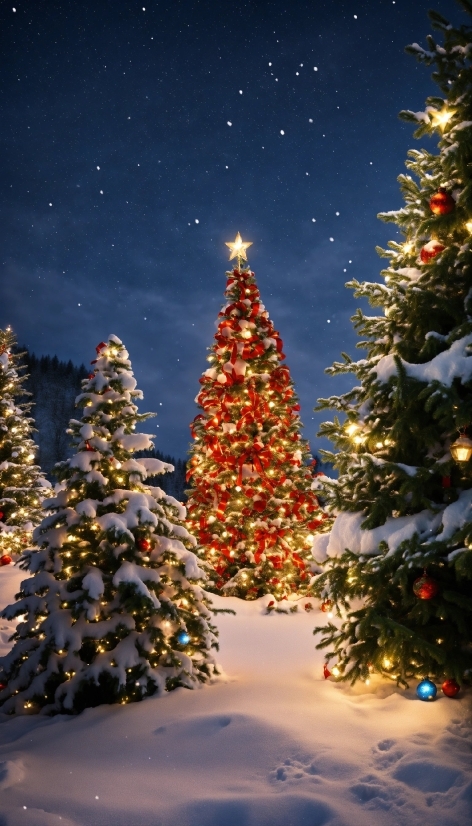 Christmas Tree, Plant, Sky, Christmas Ornament, Snow, Light