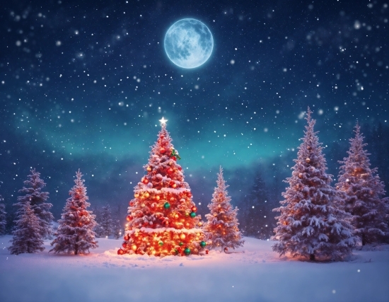 Christmas Tree, Plant, Sky, Light, Moon, Nature