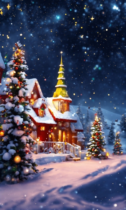 Christmas Tree, Plant, Sky, Snow, World, Light