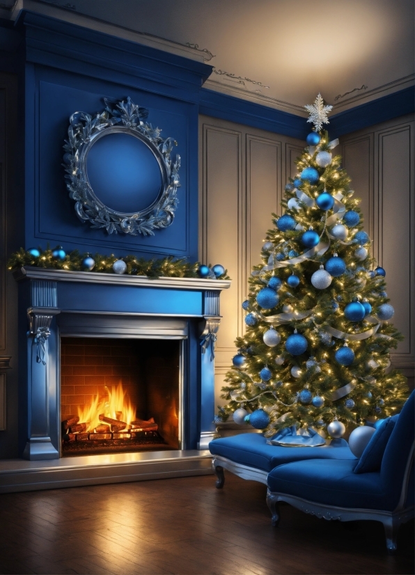 Christmas Tree, Property, Blue, Christmas Ornament, Hearth, Interior Design