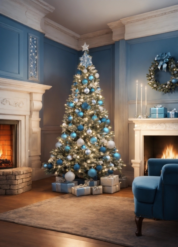 Christmas Tree, Property, Blue, Christmas Ornament, Wood, Lighting