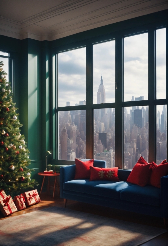 Christmas Tree, Property, Building, Window, Sky, Couch
