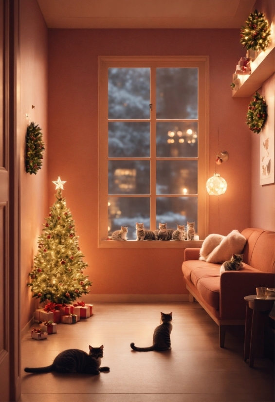 Christmas Tree, Property, Cat, Furniture, Window, Light