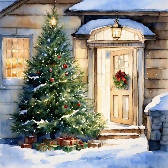 Christmas Tree, Property, Christmas Ornament, Blue, Light, Building
