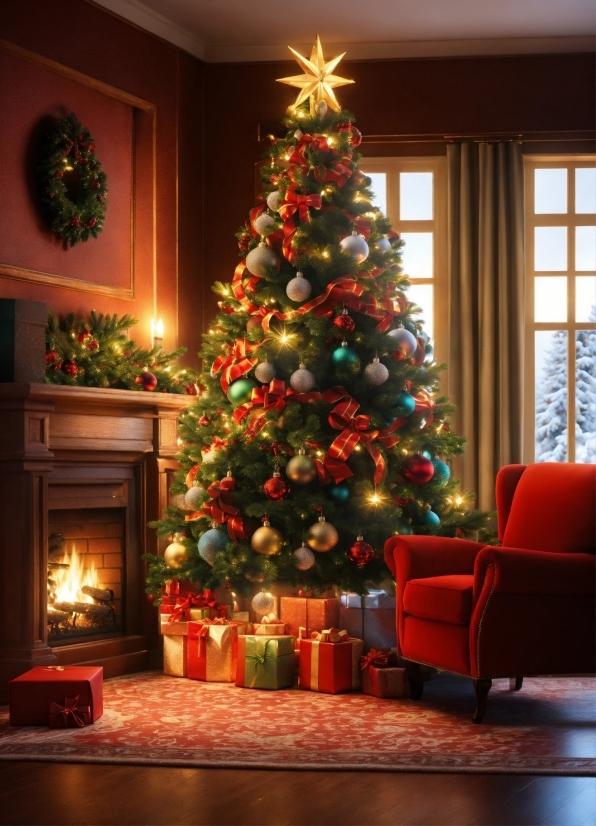 Christmas Tree, Property, Christmas Ornament, Furniture, Light, Plant