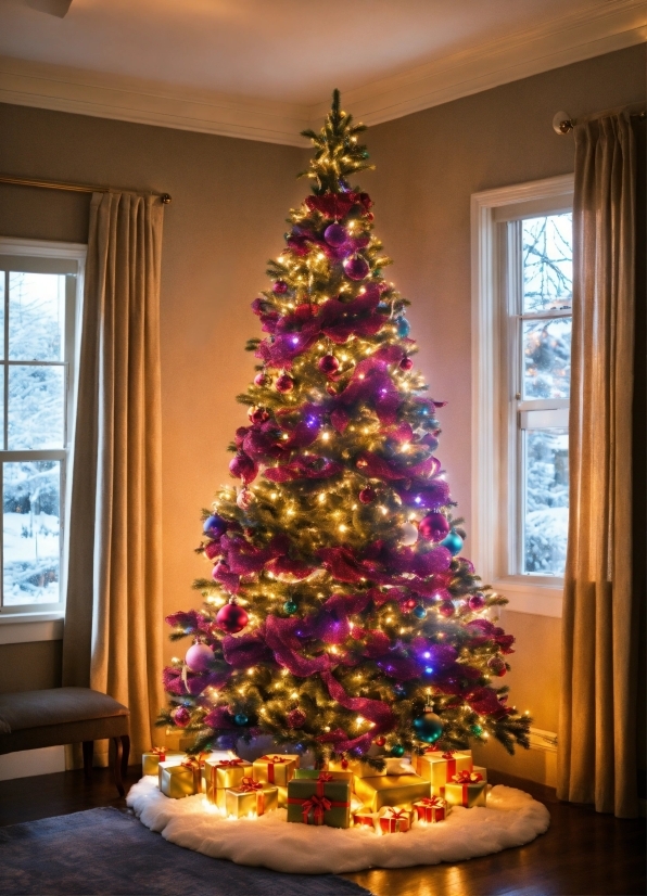 Christmas Tree, Property, Christmas Ornament, Furniture, Window, Plant