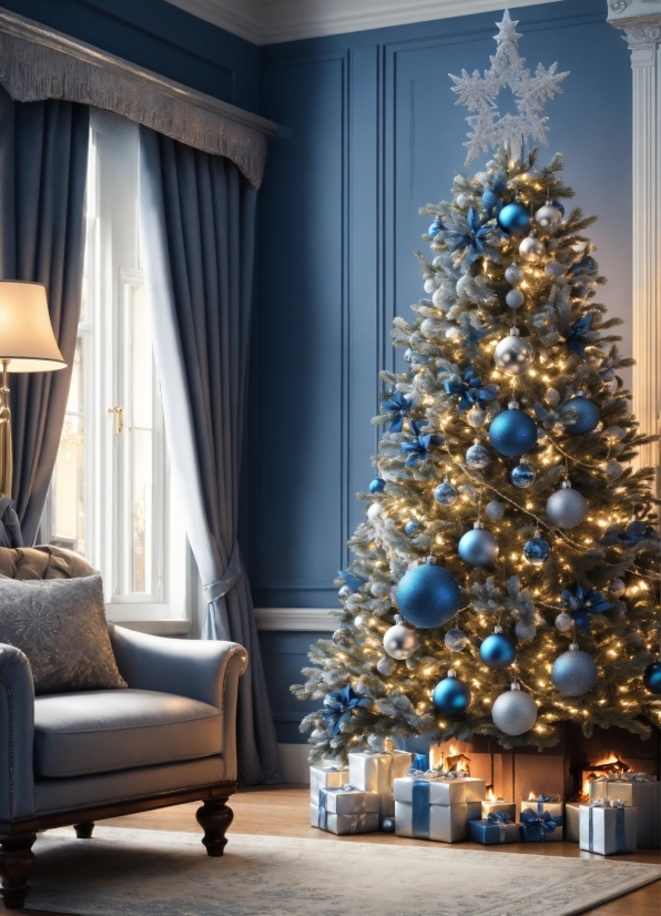 Christmas Tree, Property, Christmas Ornament, Light, Plant, Blue