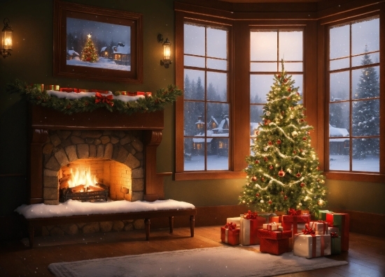 Christmas Tree, Property, Christmas Ornament, Light, Window, Wood