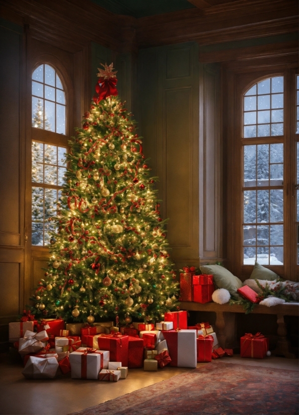 Christmas Tree, Property, Christmas Ornament, Plant, Window, Wood
