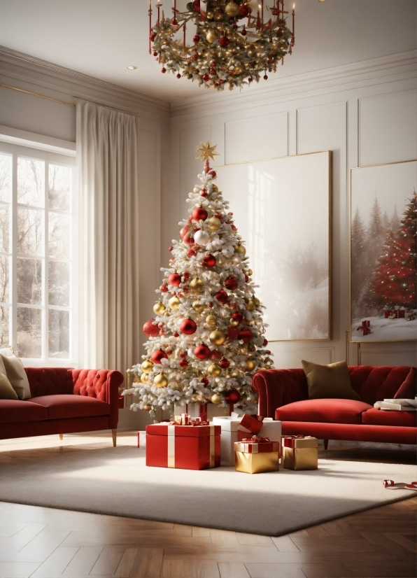 Christmas Tree, Property, Christmas Ornament, White, Window, Couch