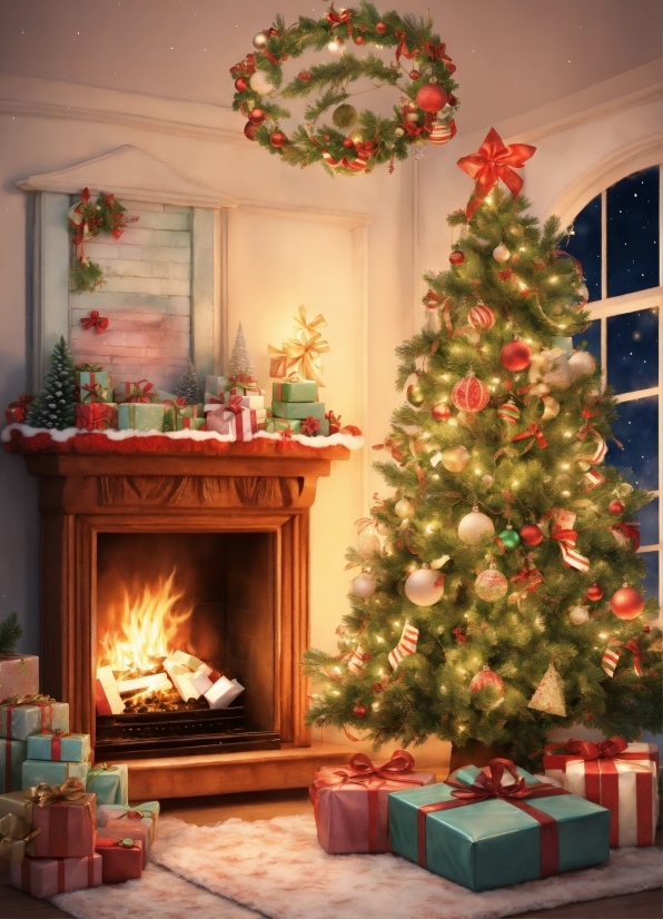 Christmas Tree, Property, Christmas Ornament, Wood, Interior Design, Lighting