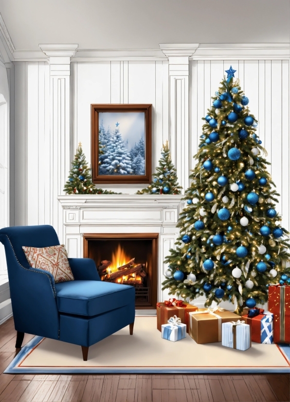 Christmas Tree, Property, Furniture, Blue, Couch, Plant