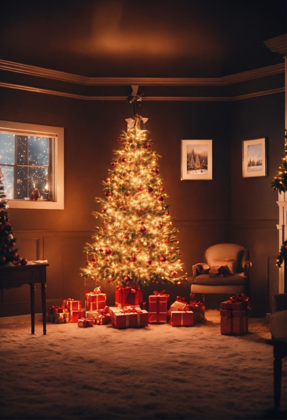 Christmas Tree, Property, Furniture, Christmas Ornament, Light, Window