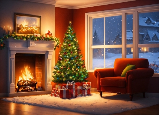 Christmas Tree, Property, Furniture, Christmas Ornament, Wood, Window
