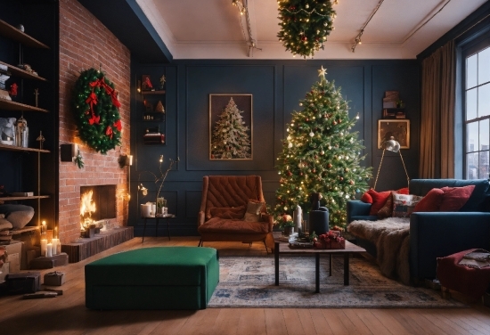 Christmas Tree, Property, Furniture, Couch, Christmas Ornament, Light