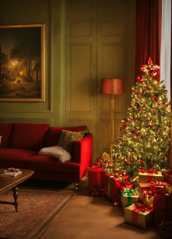 Christmas Tree, Property, Furniture, Couch, Light, Green
