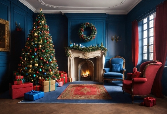 Christmas Tree, Property, Furniture, Decoration, Window, Blue