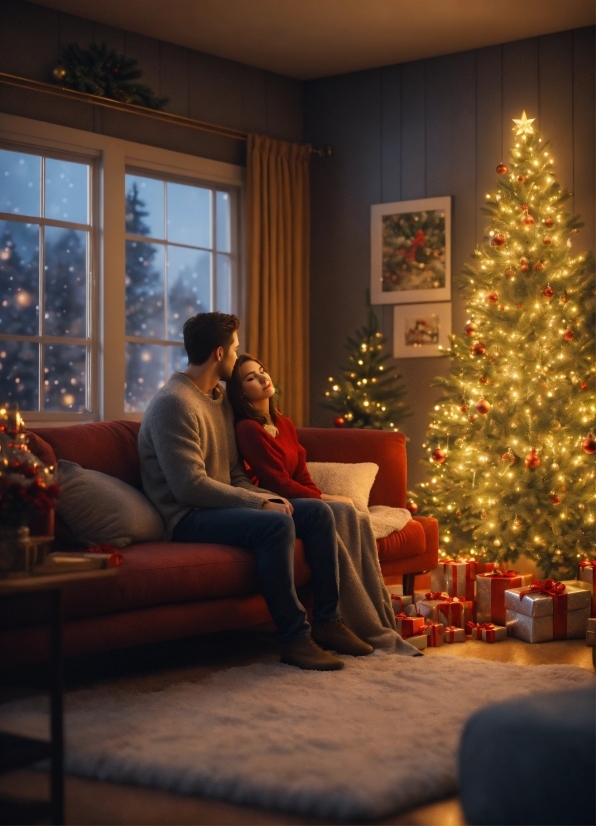 Christmas Tree, Property, Furniture, Light, Window, Couch