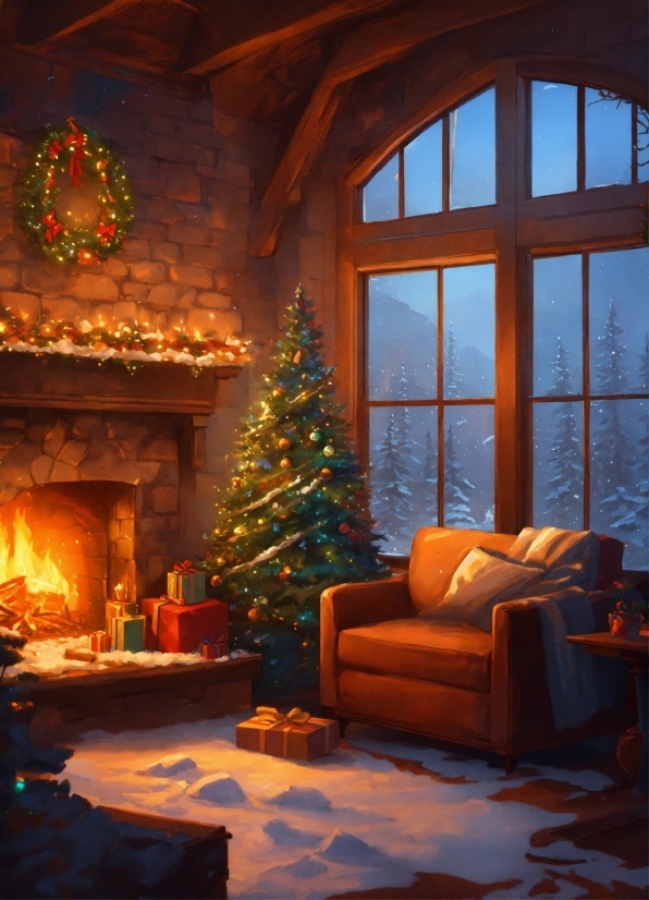 Christmas Tree, Property, Furniture, Window, Building, Light