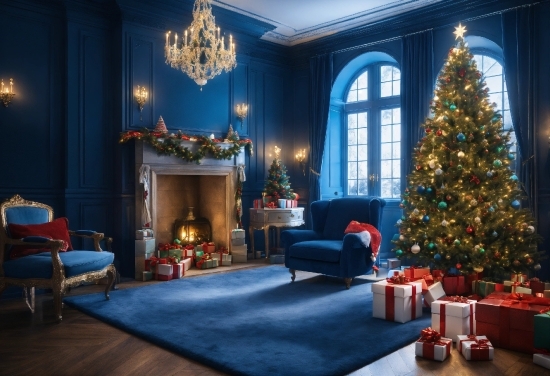 Christmas Tree, Property, Furniture, Window, Decoration, Blue