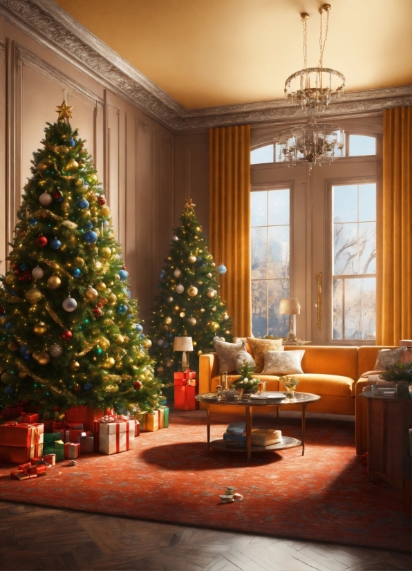 Christmas Tree, Property, Furniture, Window, Light, Christmas Ornament