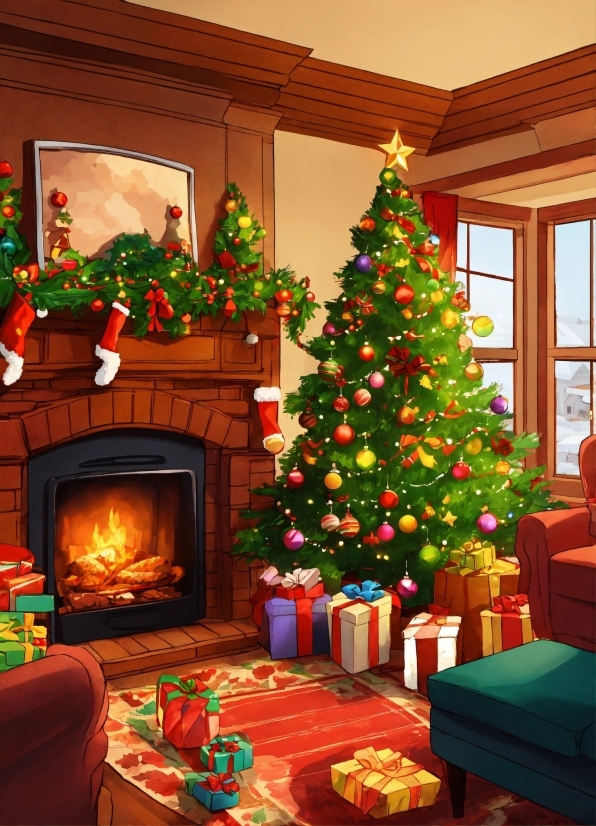 Christmas Tree, Property, Green, Christmas Ornament, Interior Design, Lighting