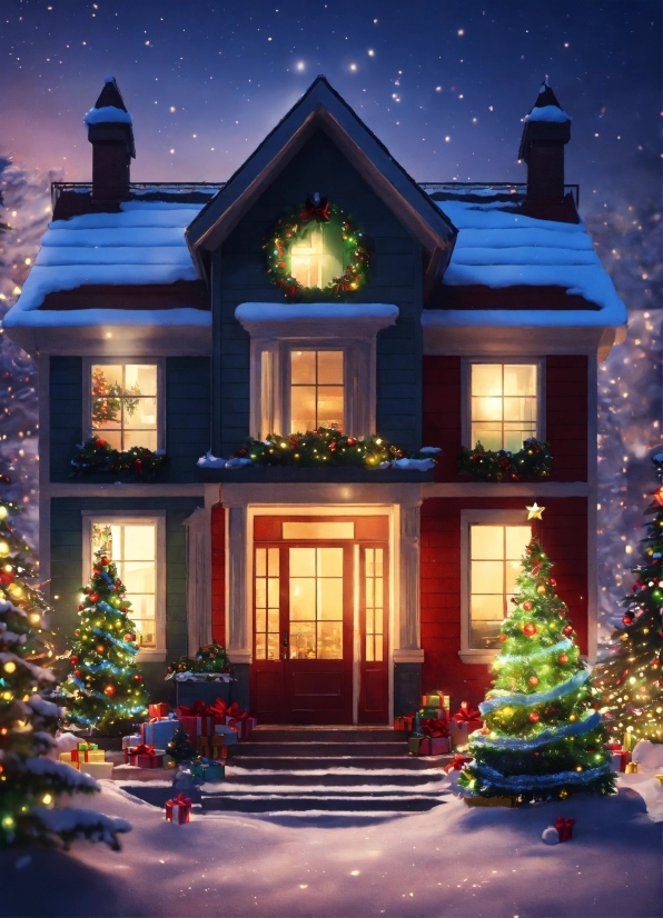 Christmas Tree, Property, Window, Blue, Green, Light