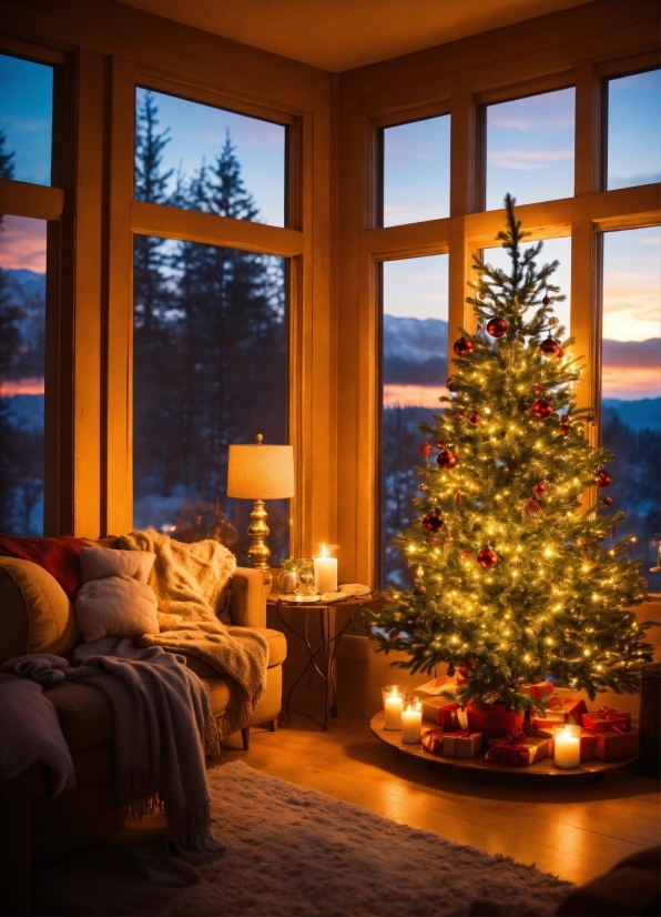 Christmas Tree, Property, Window, Christmas Ornament, Sky, Branch