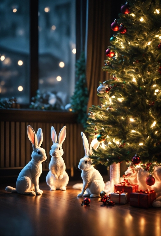 Christmas Tree, Rabbit, Light, Christmas Ornament, Plant, Holiday Ornament