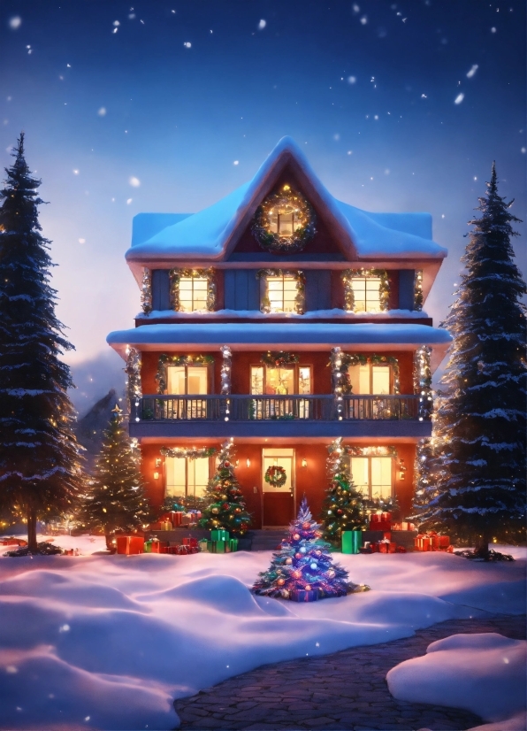 Christmas Tree, Sky, Building, Snow, Light, Blue