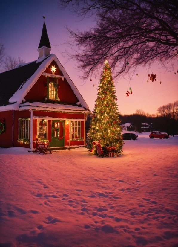 Christmas Tree, Sky, Building, Snow, Light, Window