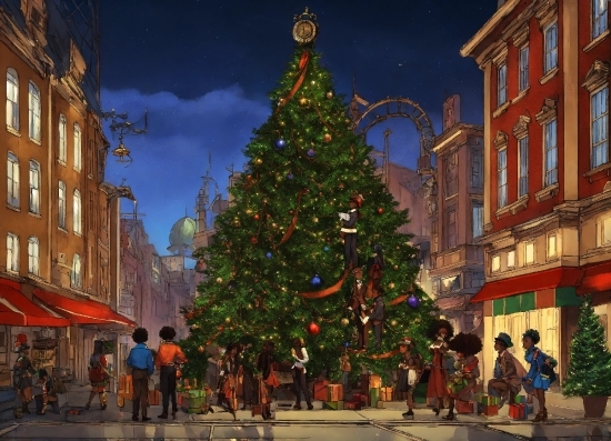 Christmas Tree, Sky, Building, Window, Christmas Ornament, Christmas Decoration