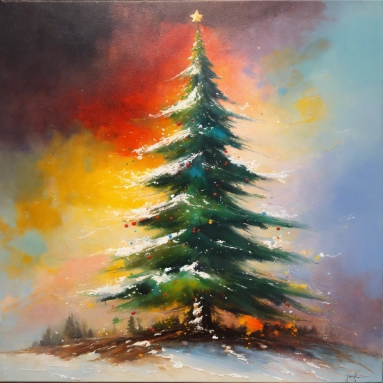 Christmas Tree, Sky, Larch, Natural Landscape, Painting, Tree