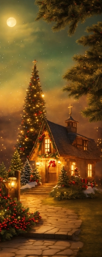 Christmas Tree, Sky, Plant, Light, Nature, Branch