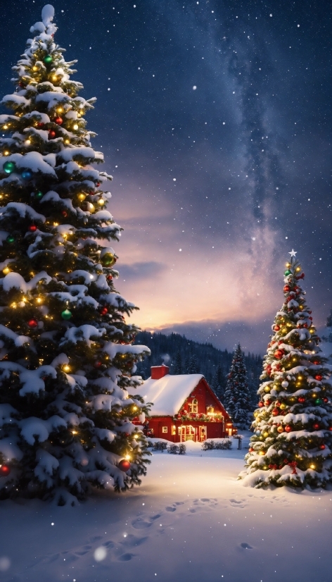 Christmas Tree, Sky, Plant, Snow, Photograph, Green